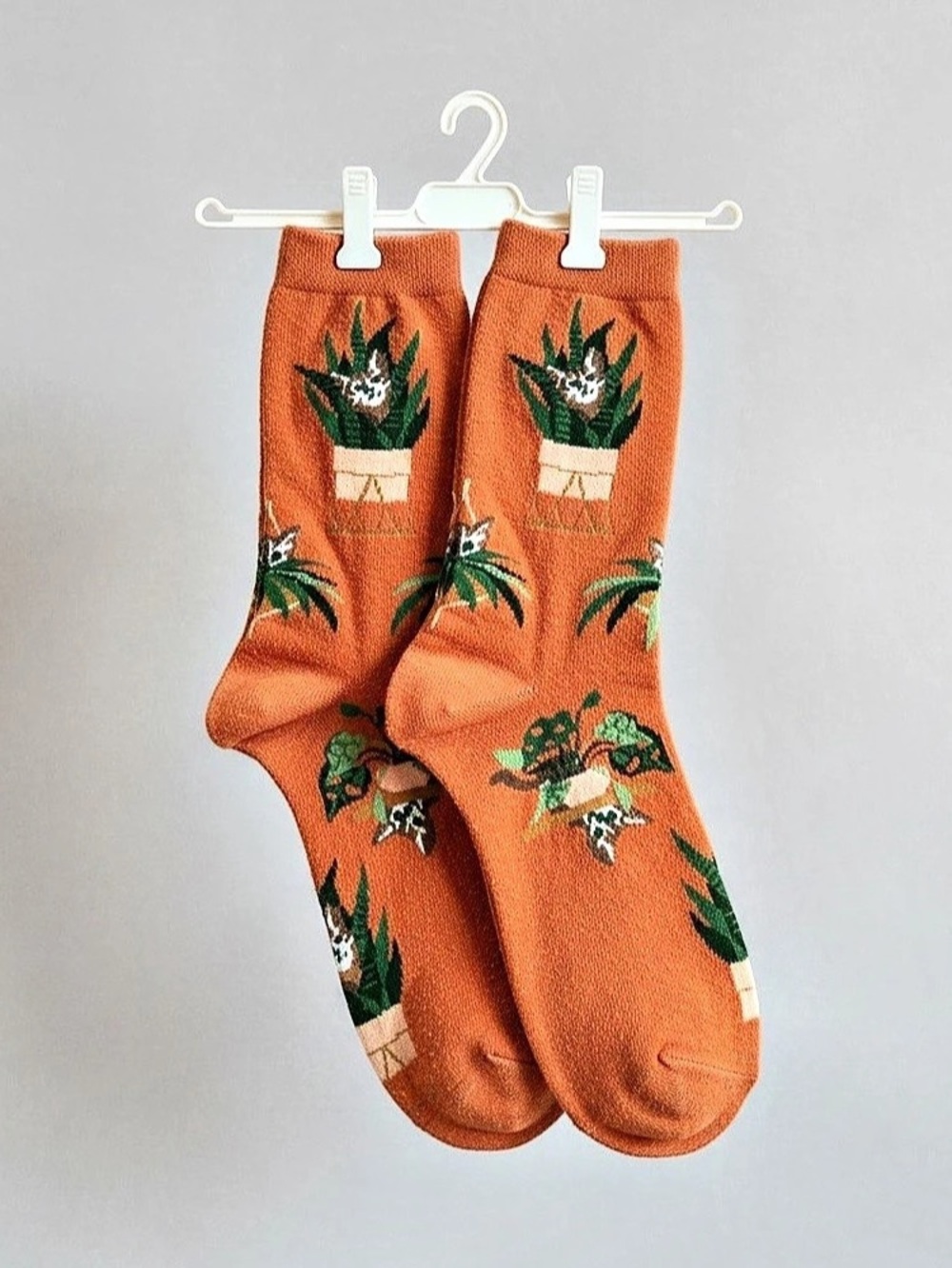 Cat plant Print Crew Socks in Orange brand new